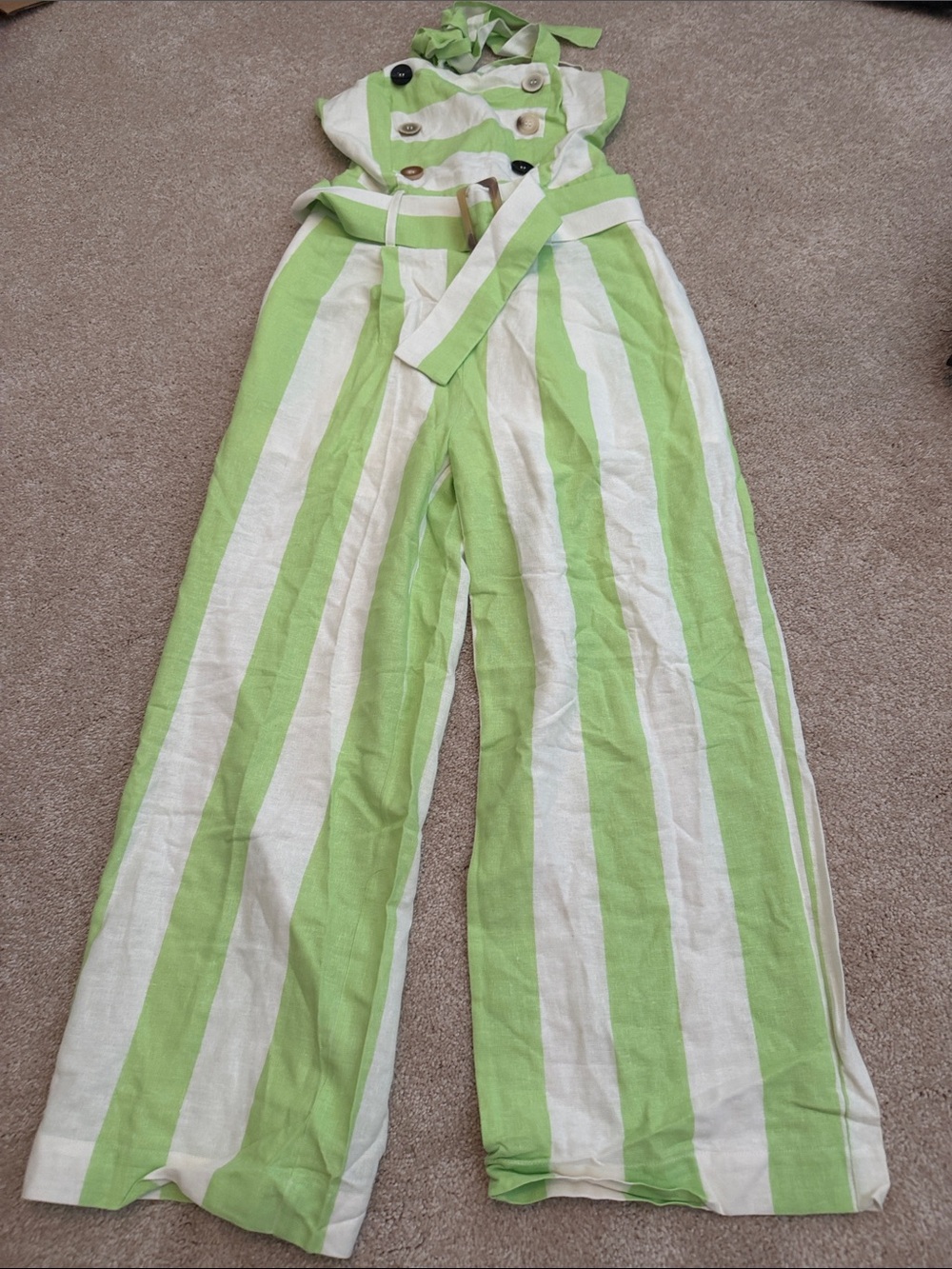 Moon River Lime & White Vertical-Stripe Wide-Leg Jumpsuit - Picture 1 of 4